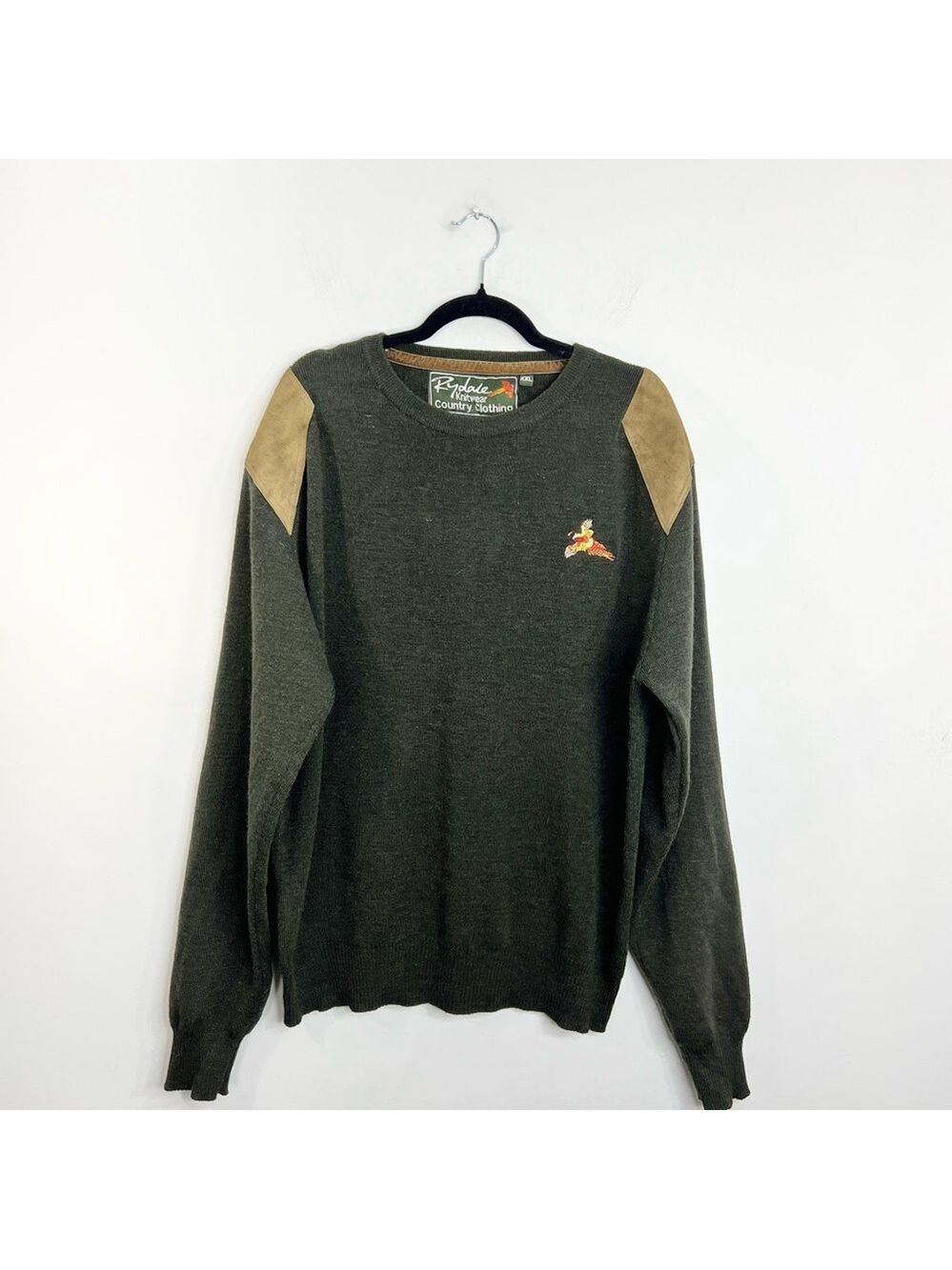 SOLD Rydale UK hunter green wool blend tan suede detail crew neck sweater XXL - Picture 3 of 13
